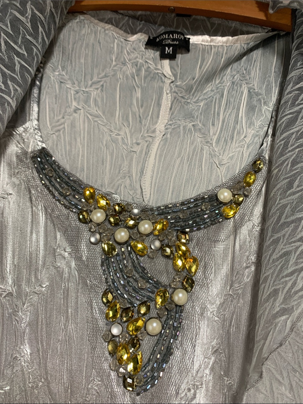 NEW KomaRov 2 Piece Silver Gray Ombre Jeweled Charmeuse Chiffon Dress Jacket M - Picture 3 of 9